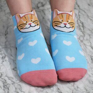 CAT LADY Socks Ankle Short Anklets Animal Print Hearts Orange White Multicolor